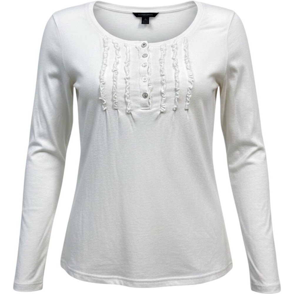 Tommy Hilfiger Top Wms XL White Ruffle Bib Henley Long Sleeve Preppy Cottagecore